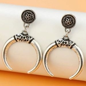SILVER HALF MOON DECOR WESTERN DROP EARRINGS